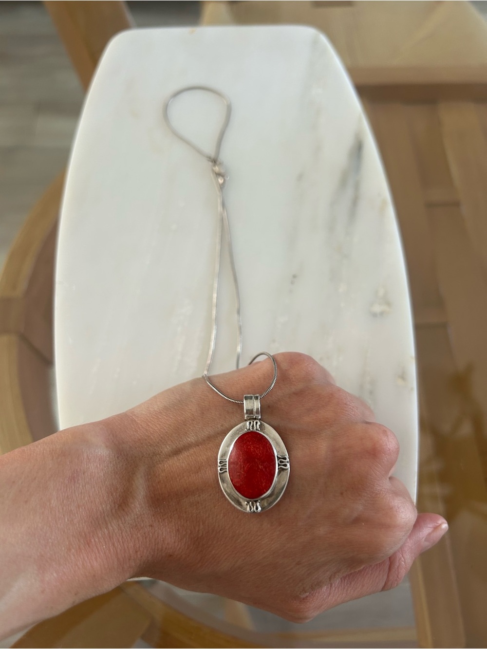 925 Sterling Silver Necklace with Red Oval Pendant - Made in Italy